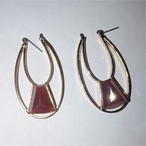 Vintage Gold Pink Dangle Drop Earrings Hook Trapezoid Stones 2 Metal Jewelry